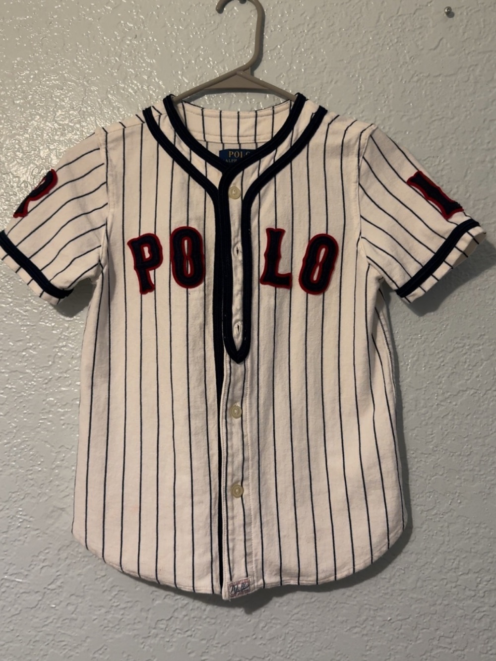 Polo by Ralph Lauren White Baseball Jersey with Navy Pinstripes & Red Accents
